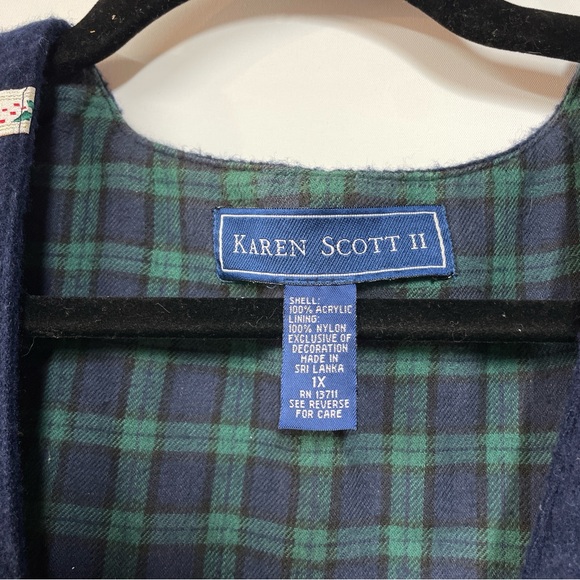Navy Blue Grandmacore Y2K Karen Scott Christmas Cat Holiday Felt Vest 2X Plaid - Picture 2 of 7